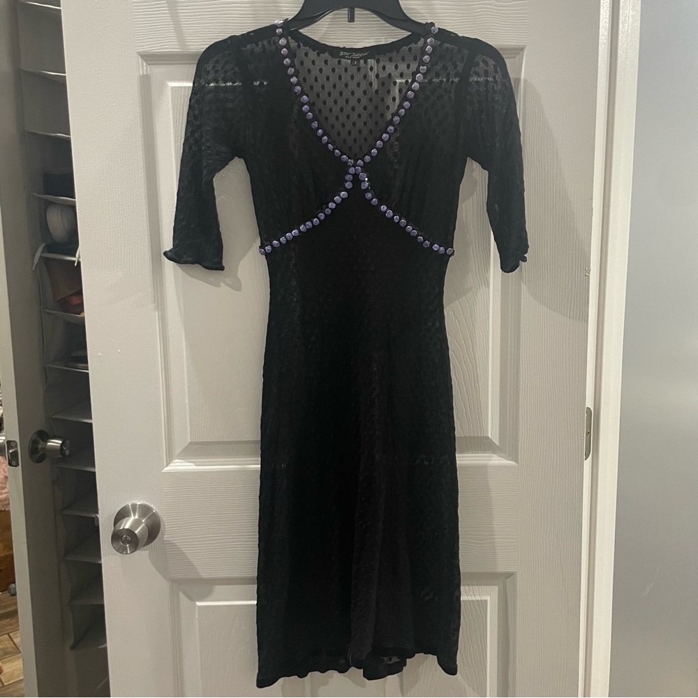 Betsey Johnson Black Dotted Mesh Dress with Purple Roses